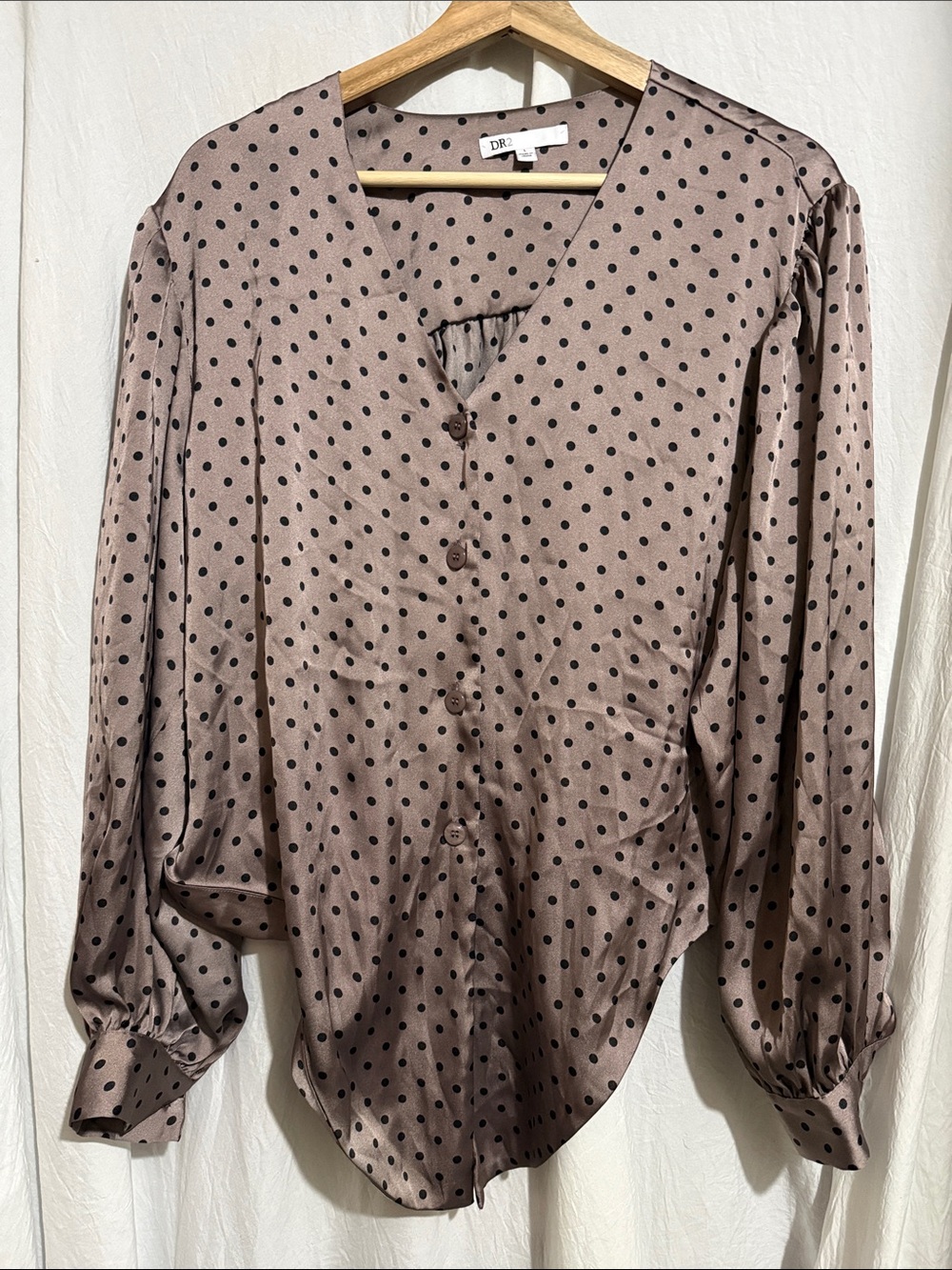 DR2 Taupe Blouse with Black Polka Dots V-Neck Button Front